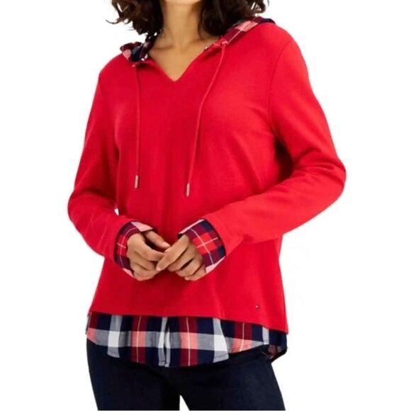 TOMMY HILFIGER 2-For-One Hooded Plaid Long Sleeves Top - Picture 1 of 9